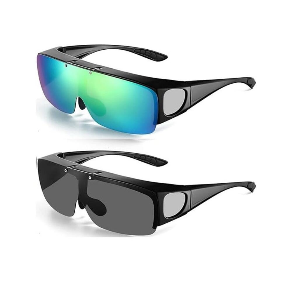 New Frienda 2 Pcs Black Shiny Blue Flip Sun Glasses Polarized Sports Sunglasses